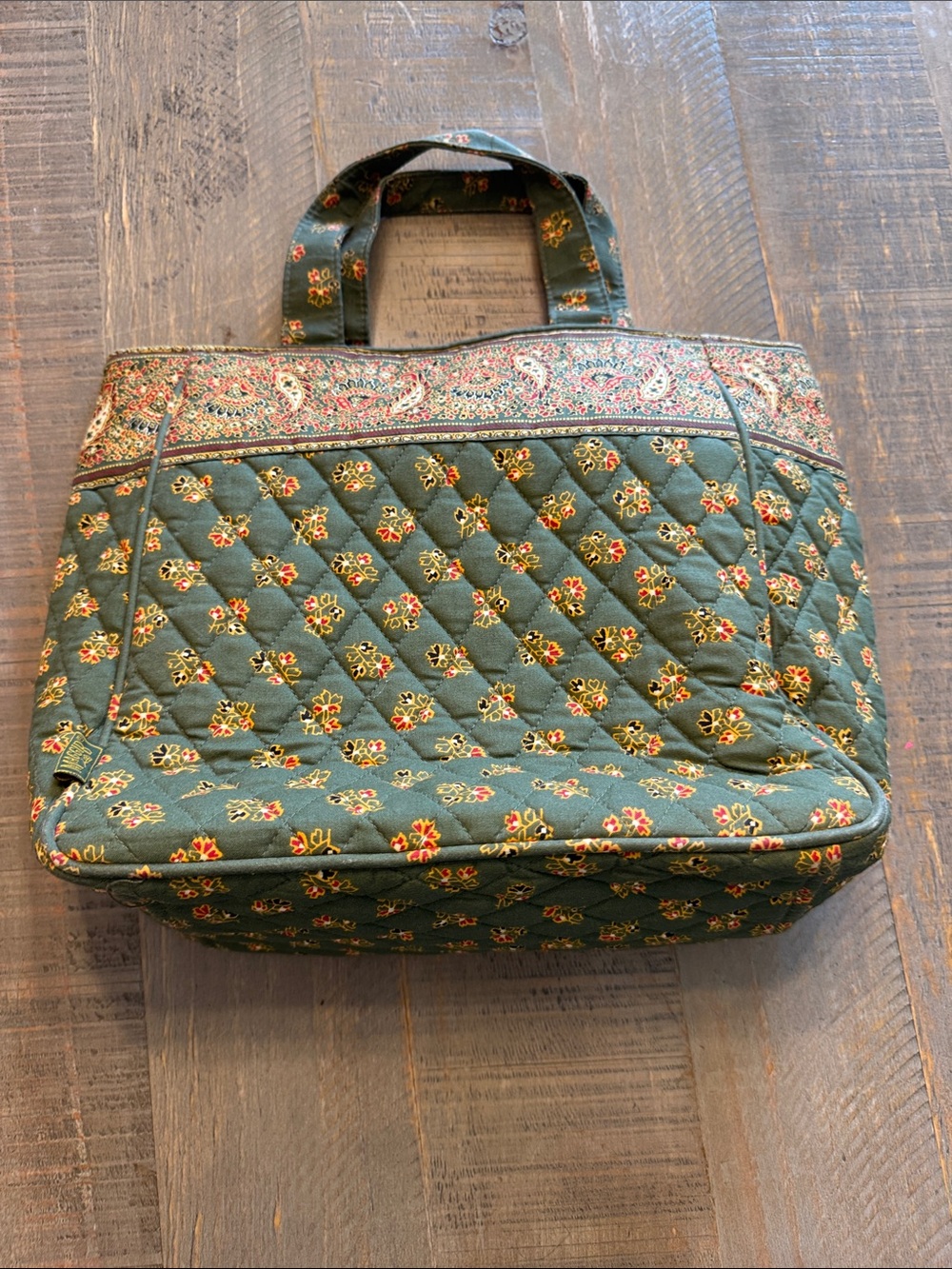 Quilted Green Floral Tote with Paisley Trim